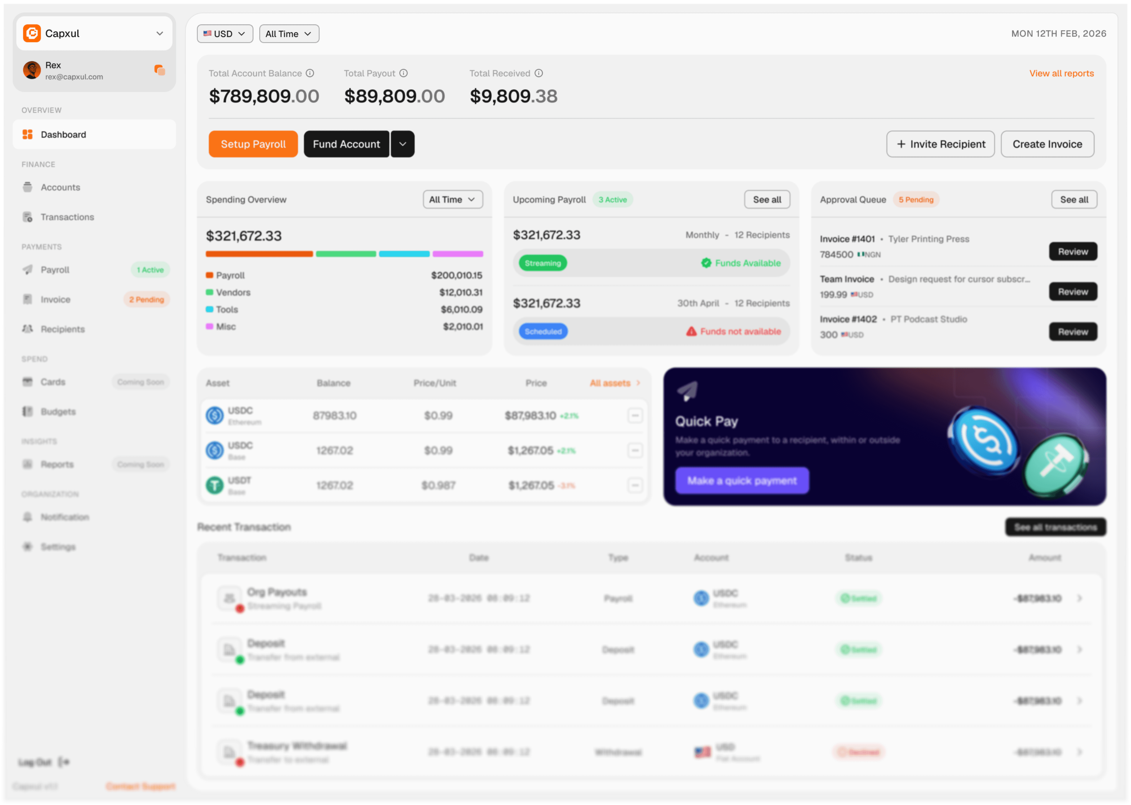 Capxul dashboard showing account balances, payroll, approvals, and business spend controls